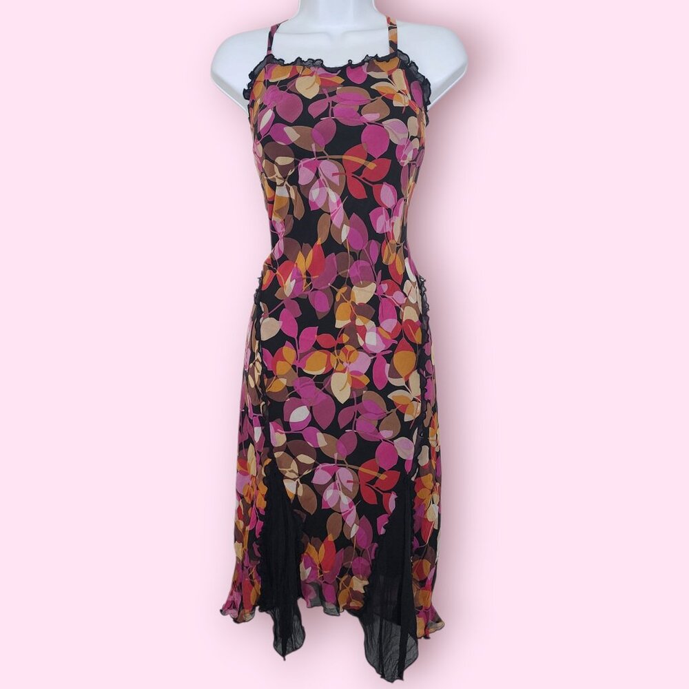 Sangria Y2K pink and black handkerchief hem whimsy silk midi dress size 8
